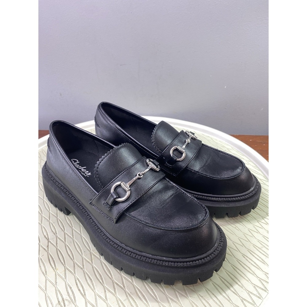 Skechers Womens Chunky Black Wedge Loafers Shoes Silver Buckle Slip On 6.5 EUC